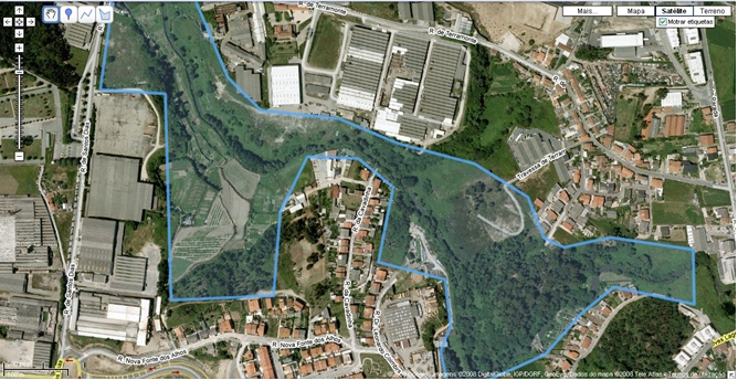 Mapa de Zona verde circundante ao rio Leça
